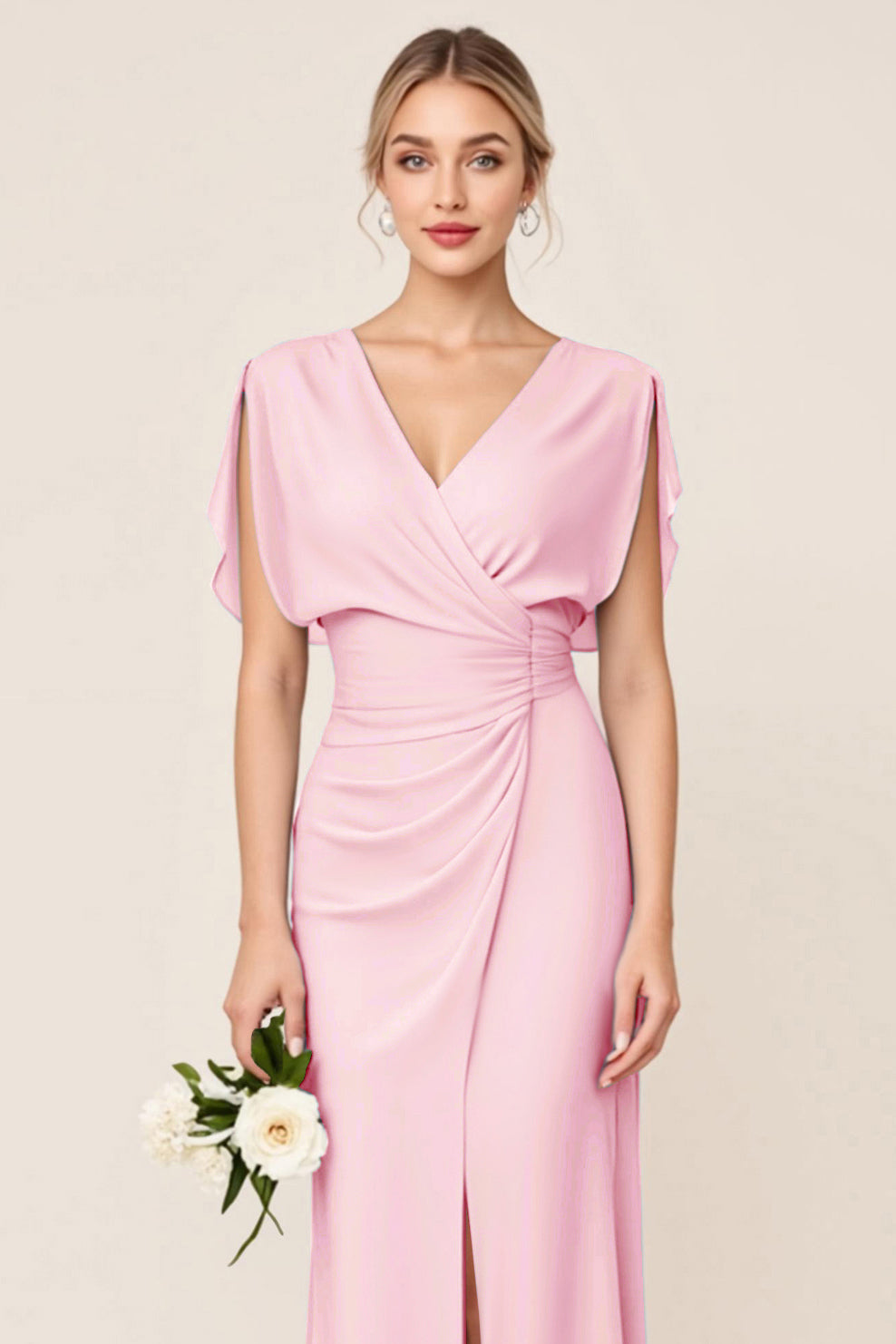 Light Blue Sheath Wrap V Neck Chiffon Long Bridesmaid Dress