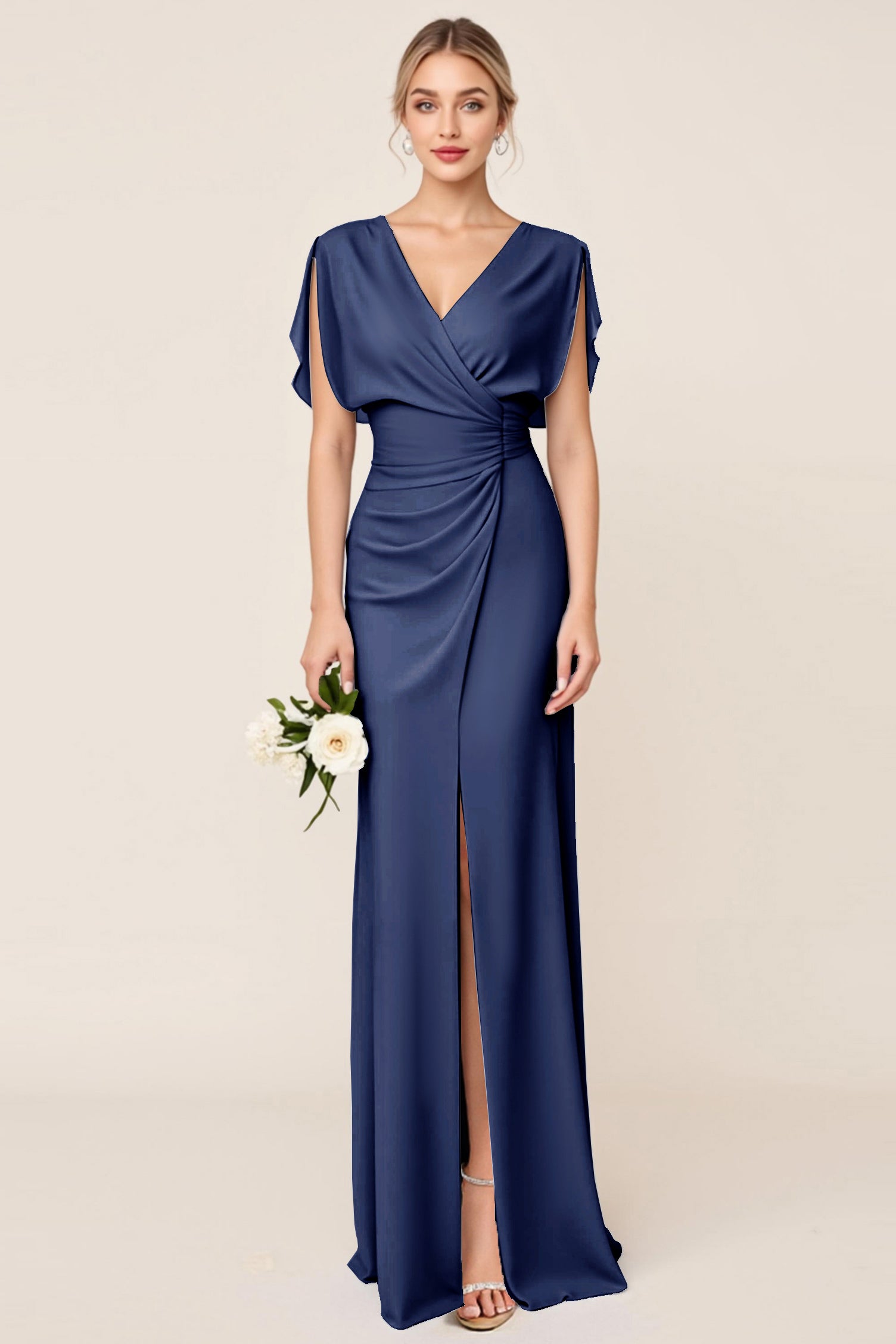 Light Blue Sheath Wrap V Neck Chiffon Long Bridesmaid Dress