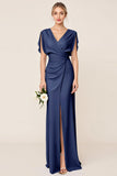 Light Blue Sheath Wrap V Neck Chiffon Long Bridesmaid Dress