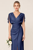 Light Blue Sheath Wrap V Neck Chiffon Long Bridesmaid Dress