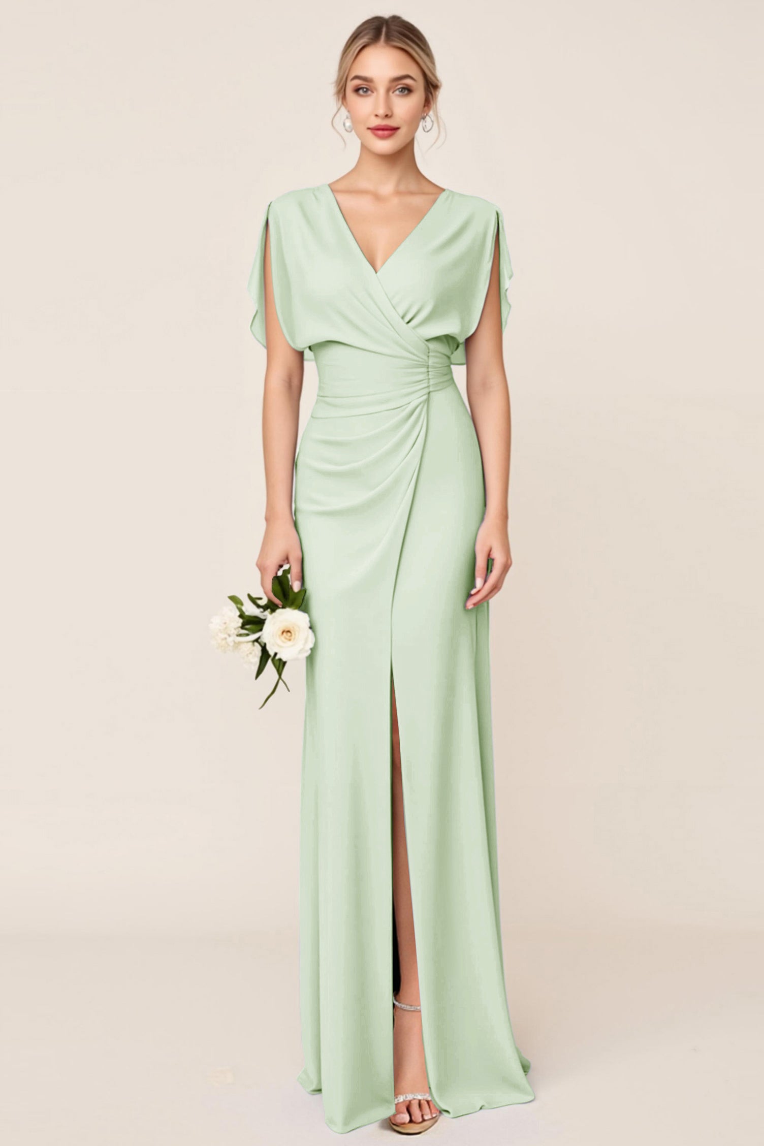 Light Blue Sheath Wrap V Neck Chiffon Long Bridesmaid Dress