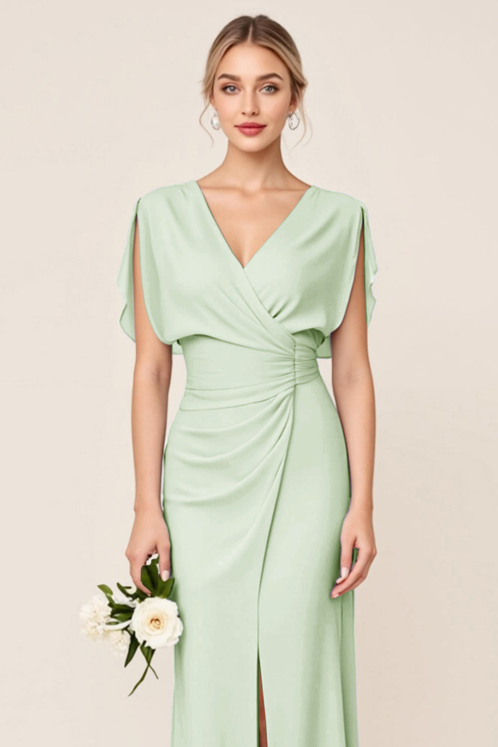 Light Blue Sheath Wrap V Neck Chiffon Long Bridesmaid Dress