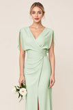 Light Blue Sheath Wrap V Neck Chiffon Long Bridesmaid Dress