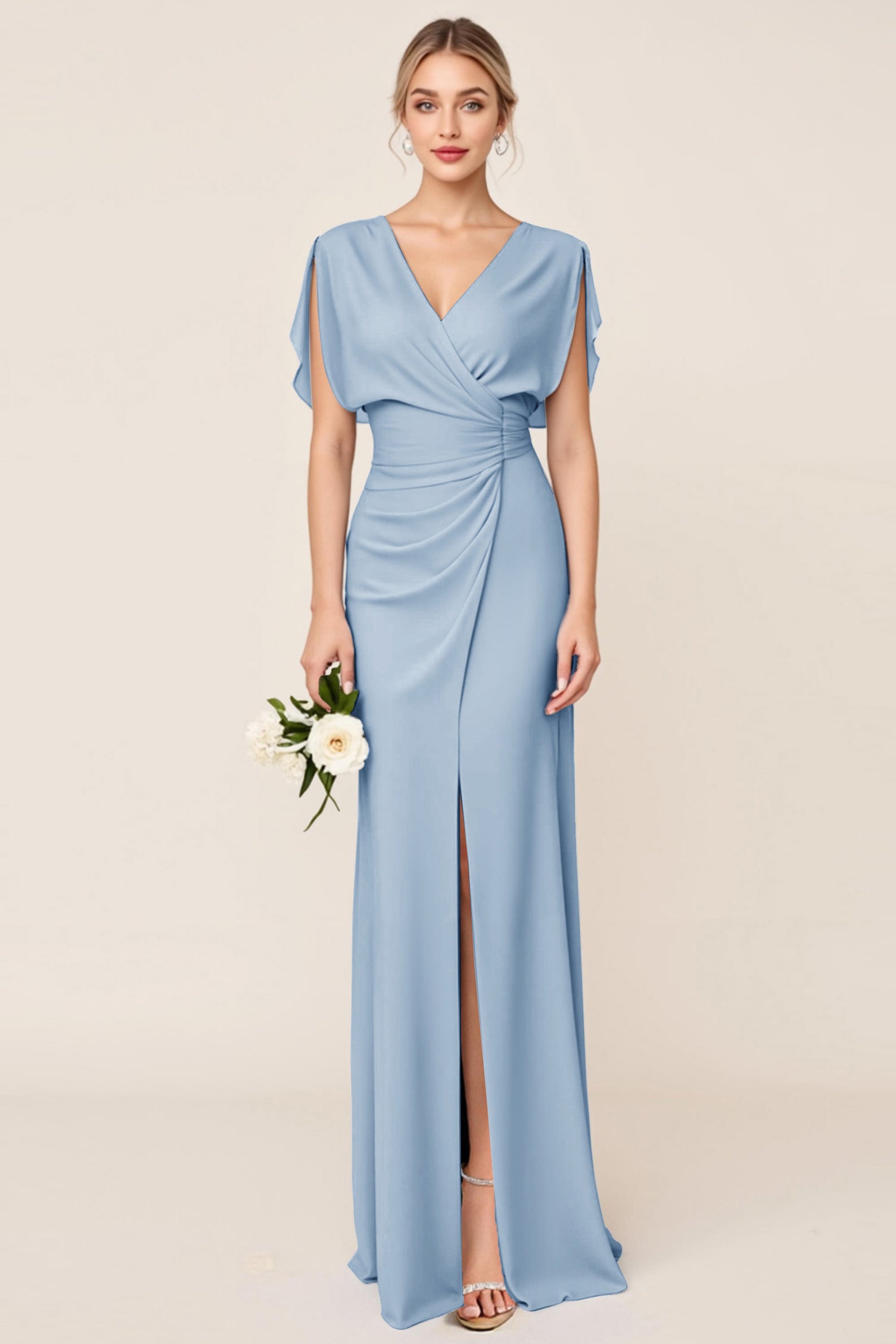 Light Blue Sheath Wrap V Neck Chiffon Long Bridesmaid Dress