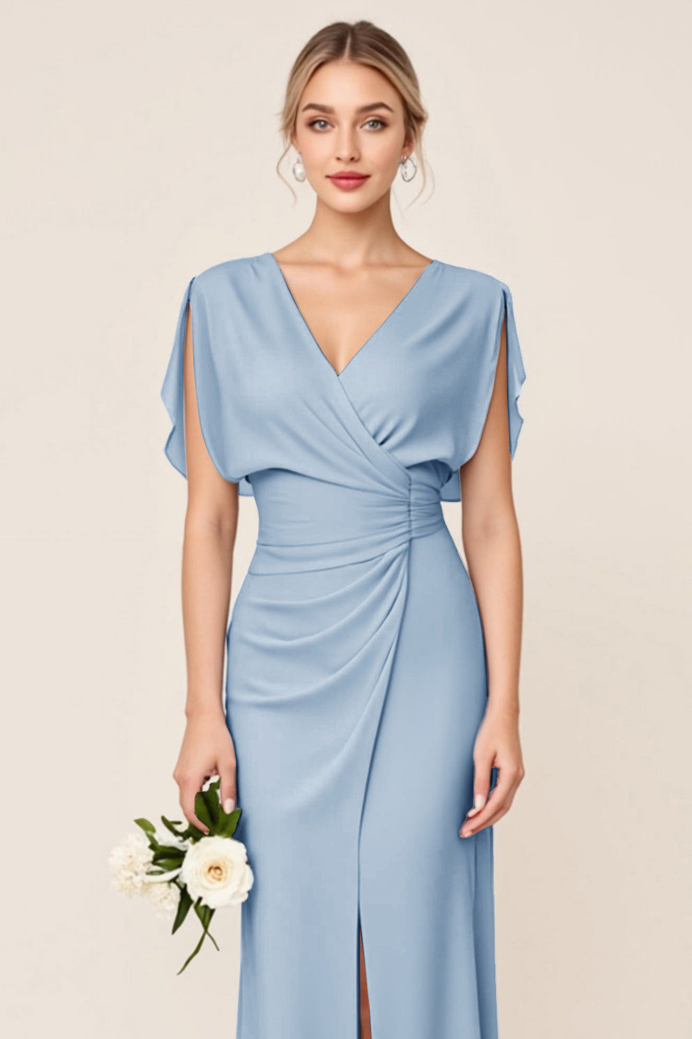 Light Blue Sheath Wrap V Neck Chiffon Long Bridesmaid Dress