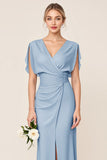 Light Blue Sheath Wrap V Neck Chiffon Long Bridesmaid Dress