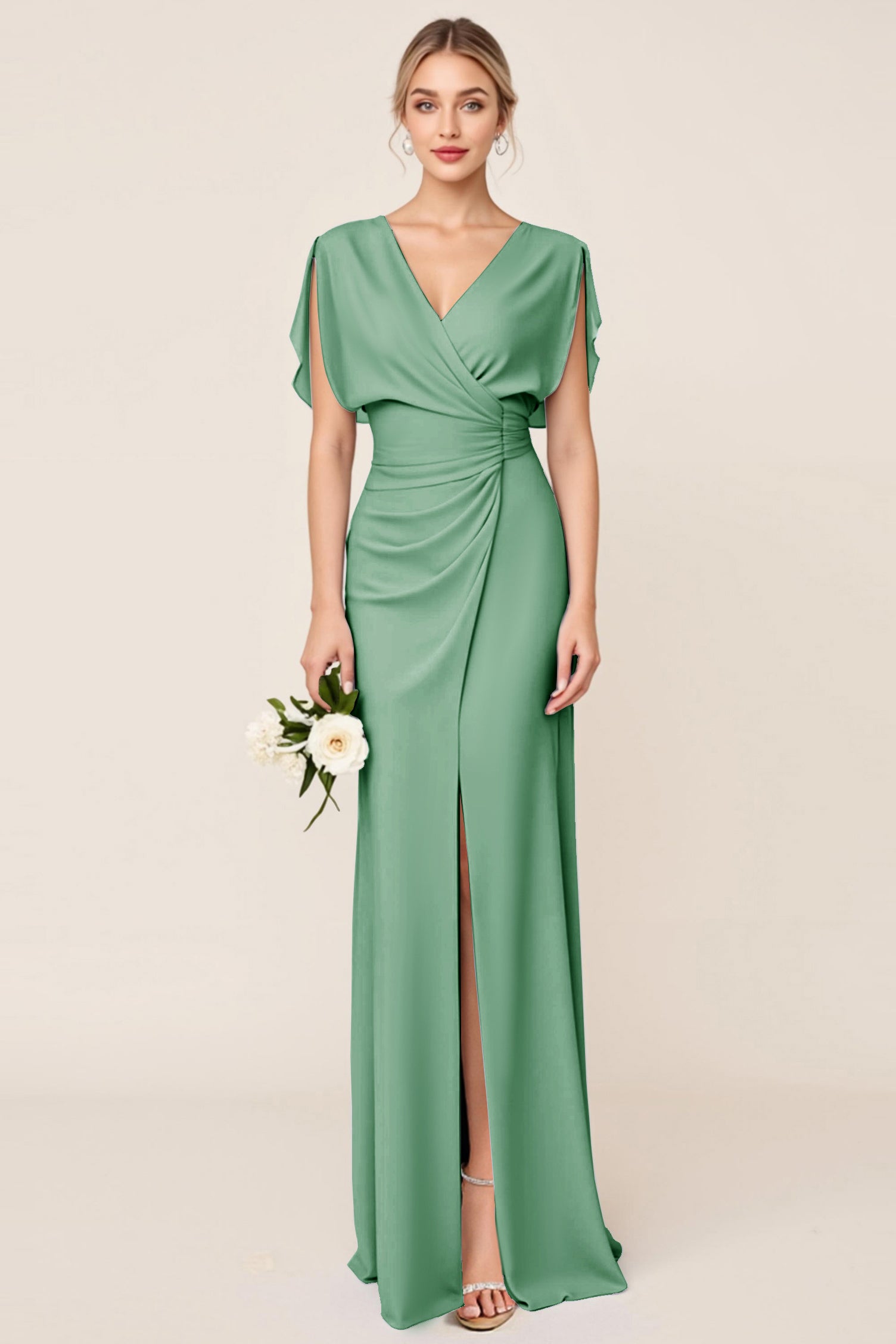 Light Blue Sheath Wrap V Neck Chiffon Long Bridesmaid Dress