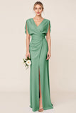 Light Blue Sheath Wrap V Neck Chiffon Long Bridesmaid Dress