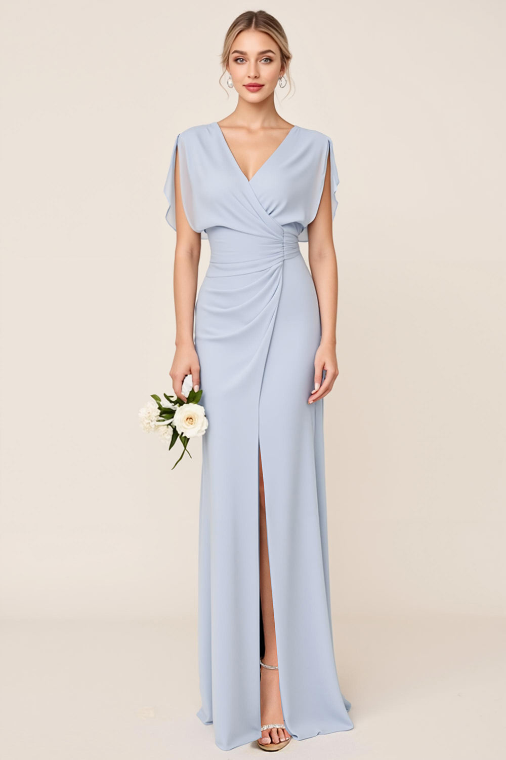 Light Blue Sheath Wrap V Neck Chiffon Long Bridesmaid Dress