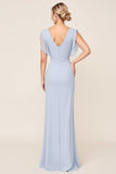 Light Blue Sheath Wrap V Neck Chiffon Long Bridesmaid Dress