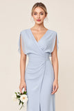 Light Blue Sheath Wrap V Neck Chiffon Long Bridesmaid Dress