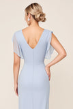 Light Blue Sheath Wrap V Neck Chiffon Long Bridesmaid Dress