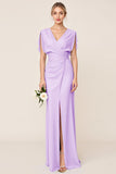 Light Blue Sheath Wrap V Neck Chiffon Long Bridesmaid Dress