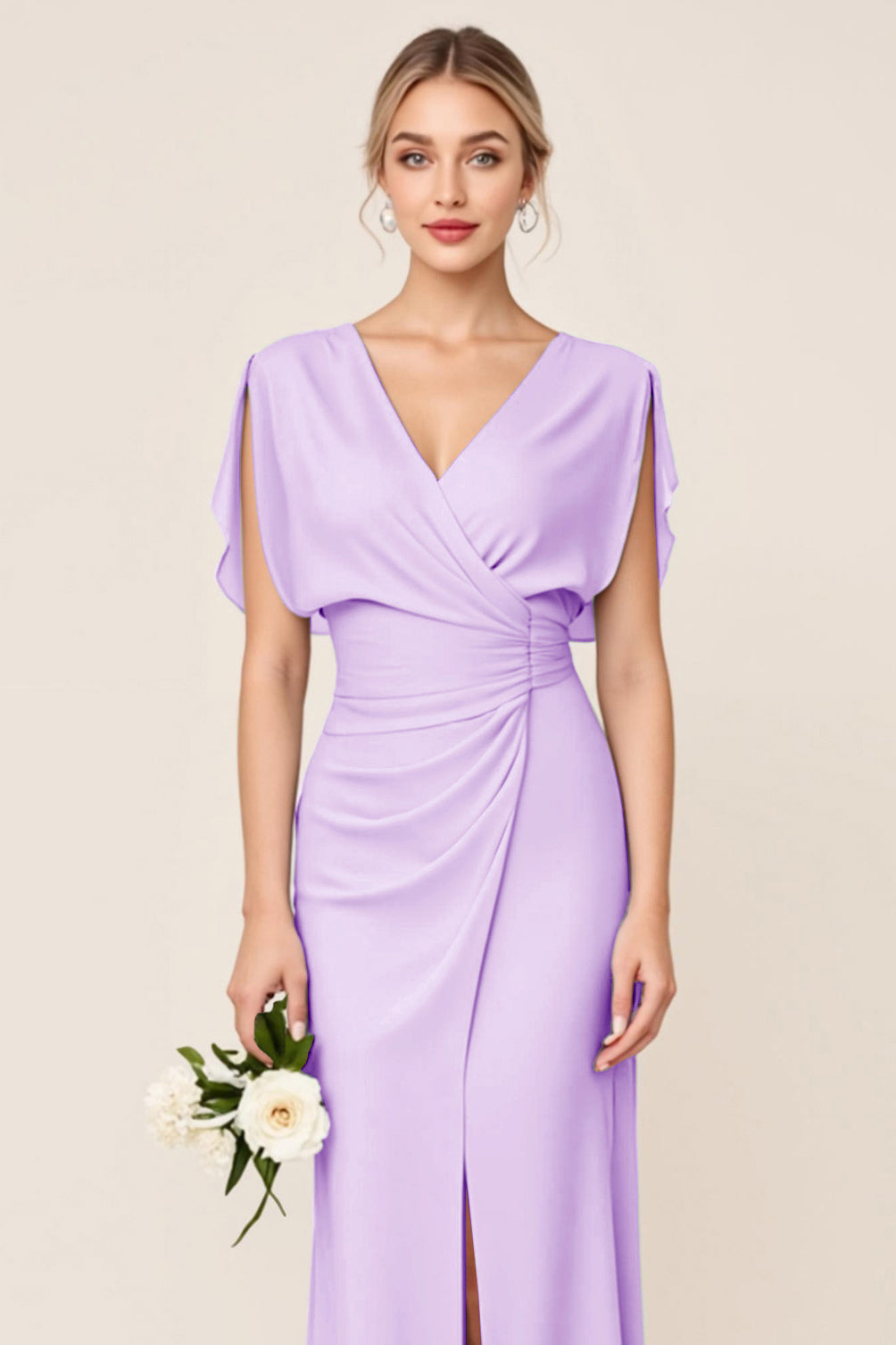 Light Blue Sheath Wrap V Neck Chiffon Long Bridesmaid Dress