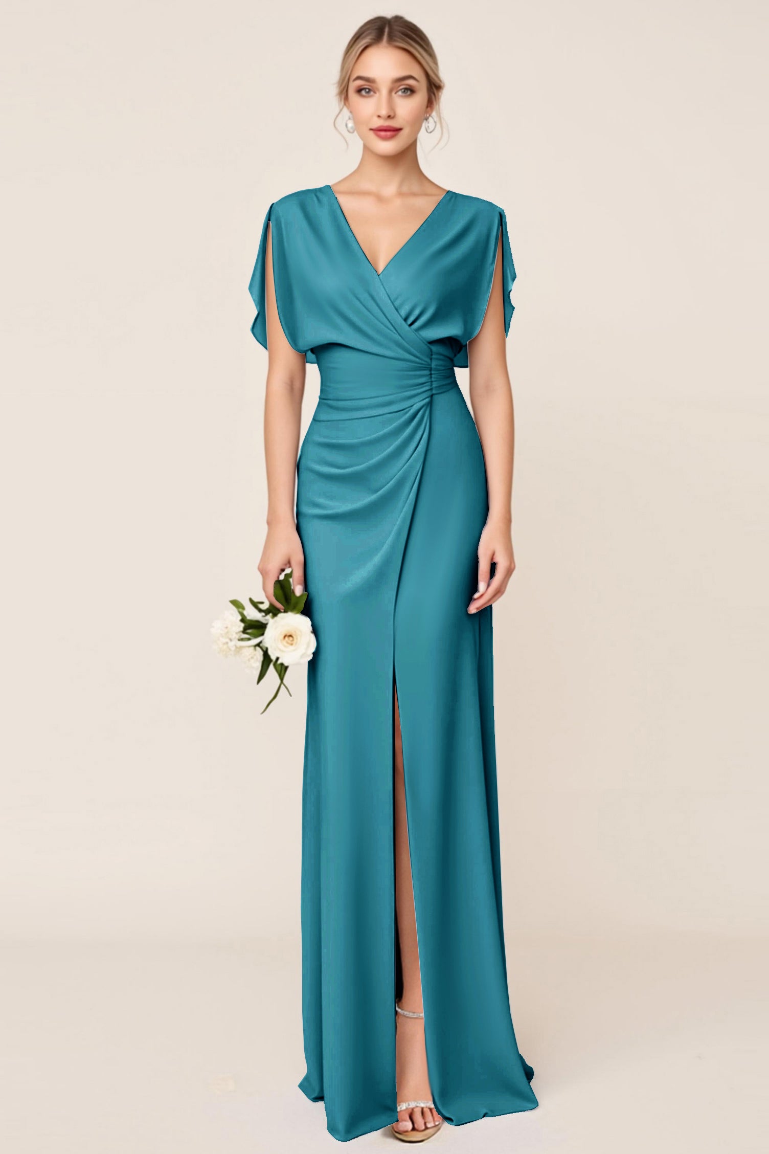 Light Blue Sheath Wrap V Neck Chiffon Long Bridesmaid Dress