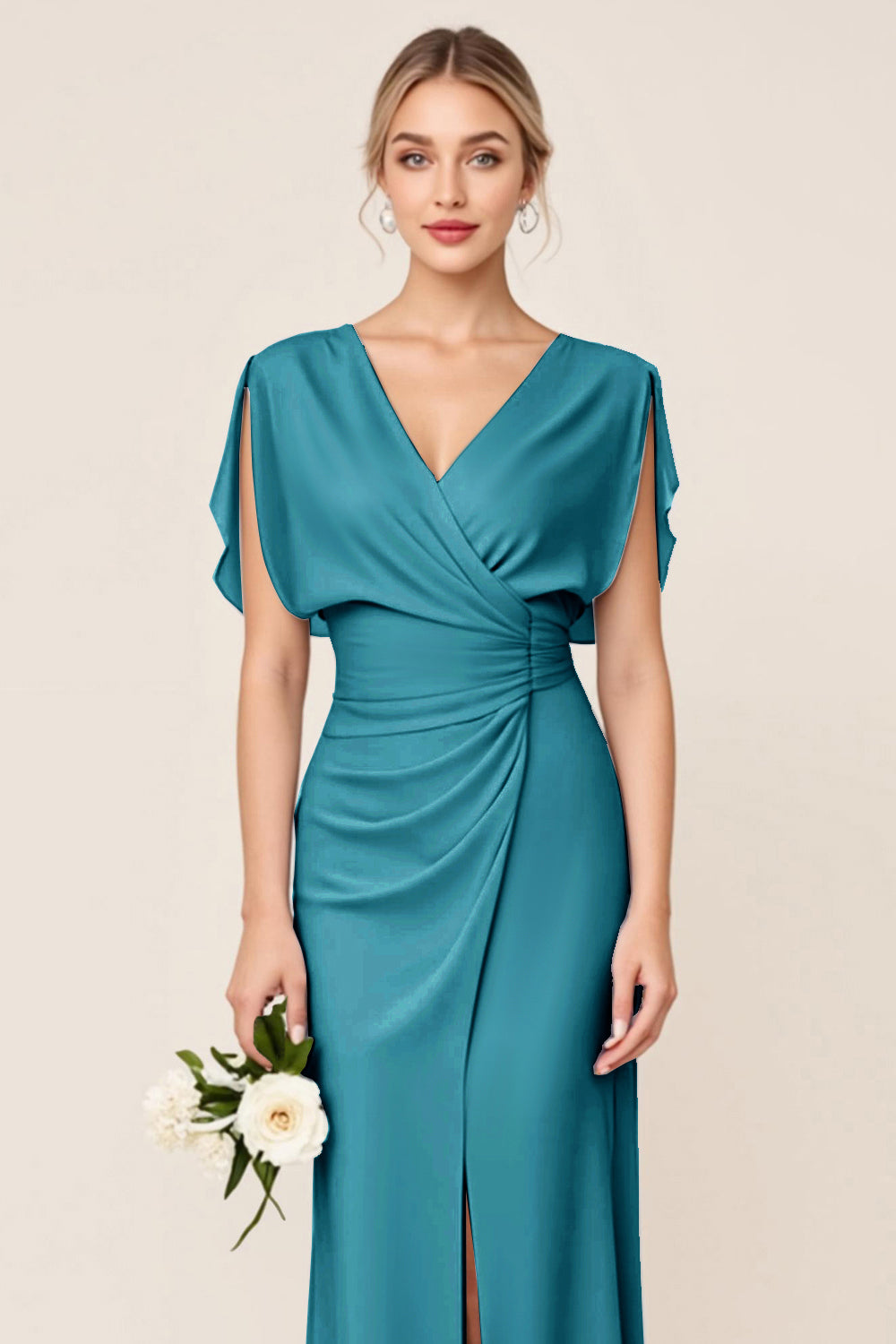 Light Blue Sheath Wrap V Neck Chiffon Long Bridesmaid Dress