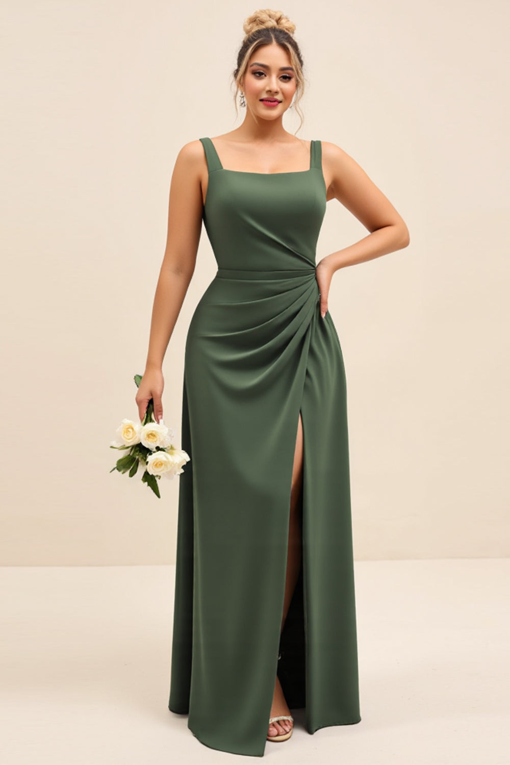 Olive Sheath Square Neck Ruched Satin Long Bridesmaid Dress with Slit