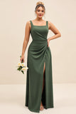 Olive Sheath Square Neck Ruched Satin Long Bridesmaid Dress with Slit