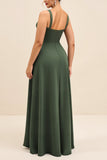 Olive Sheath Square Neck Ruched Satin Long Bridesmaid Dress with Slit