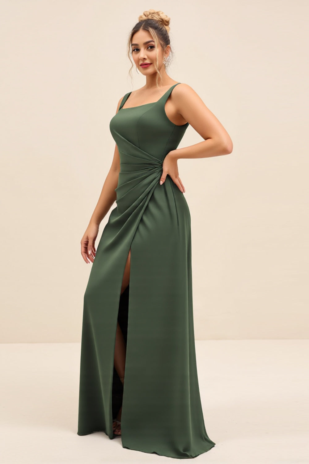 Olive Sheath Square Neck Ruched Satin Long Bridesmaid Dress with Slit