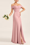 Blush Pink Sheath Off the Shoulder Ruched Satin Long Bridesmaid Dress with Slit