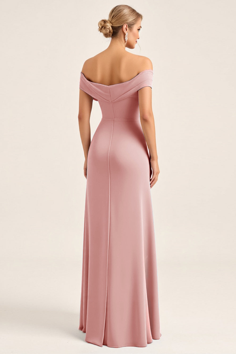 Blush Pink Sheath Off the Shoulder Ruched Satin Long Bridesmaid Dress with Slit