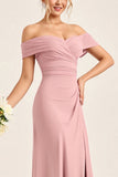 Blush Pink Sheath Off the Shoulder Ruched Satin Long Bridesmaid Dress with Slit