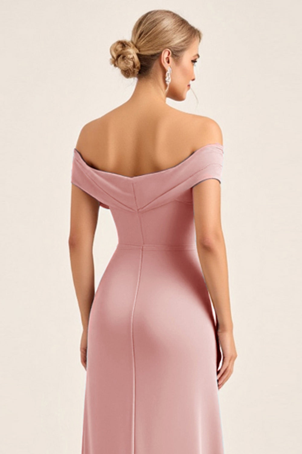 Blush Pink Sheath Off the Shoulder Ruched Satin Long Bridesmaid Dress with Slit