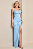 Sheath Sky Blue Ruched Long Bridesmaid Dress with Slit