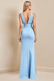 Sheath Sky Blue Ruched Long Bridesmaid Dress with Slit