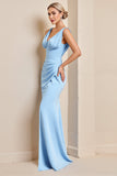 Sheath Sky Blue Ruched Long Bridesmaid Dress with Slit