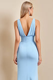 Sheath Sky Blue Ruched Long Bridesmaid Dress with Slit