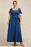 Ink Blue A Line Satin Plus Size Mother of the Bride Dress with Short Sleeves