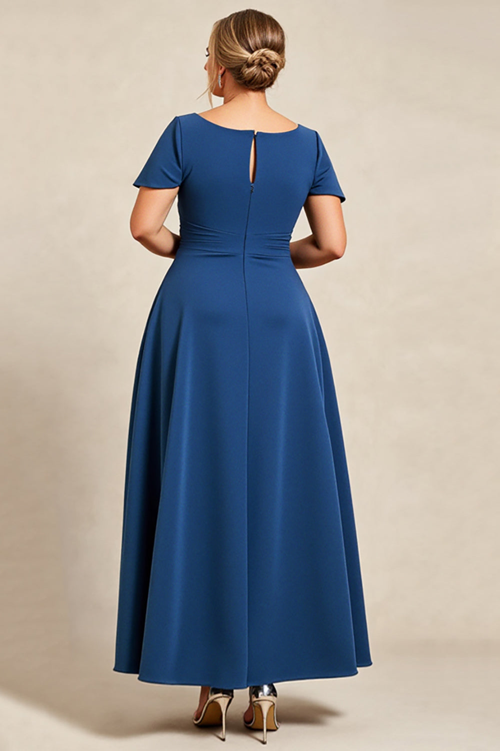 Ink Blue A Line Satin Plus Size Mother of the Bride Dress with Short Sleeves