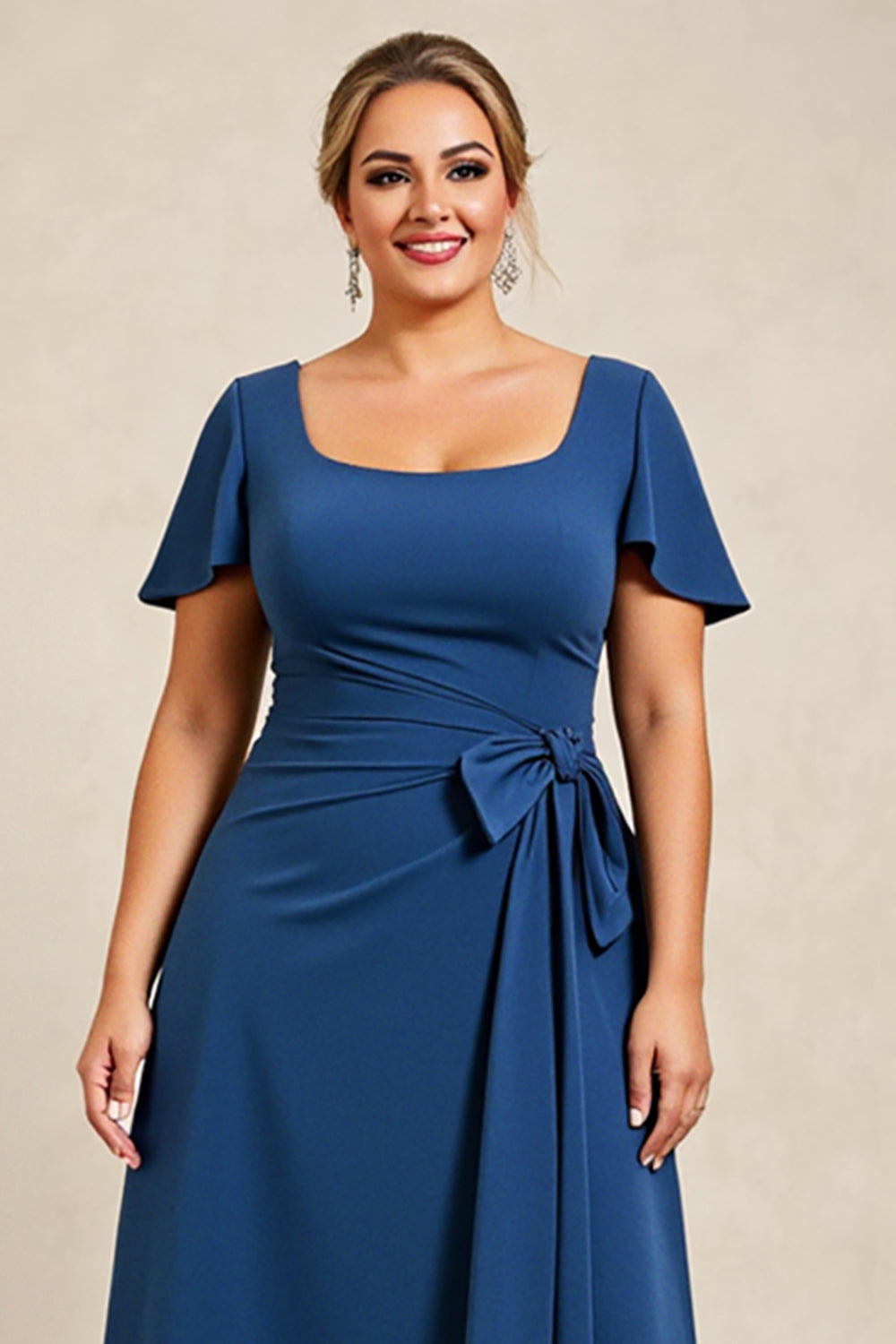Ink Blue A Line Satin Plus Size Mother of the Bride Dress with Short Sleeves