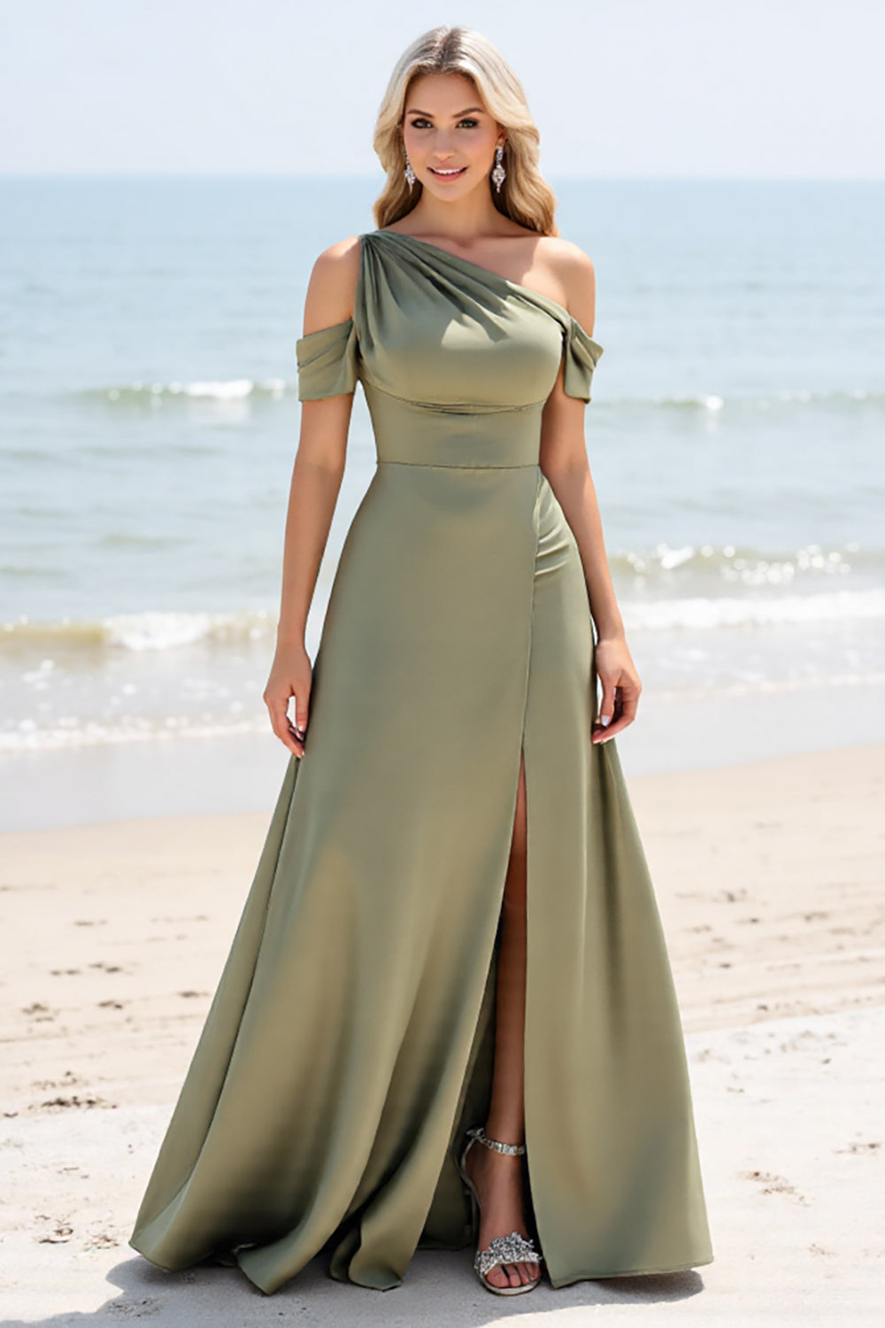 Olive A Line Cold Shoulder Pleated Long Bridesmaid Dress