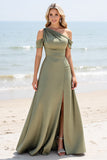 Olive A Line Cold Shoulder Pleated Long Bridesmaid Dress