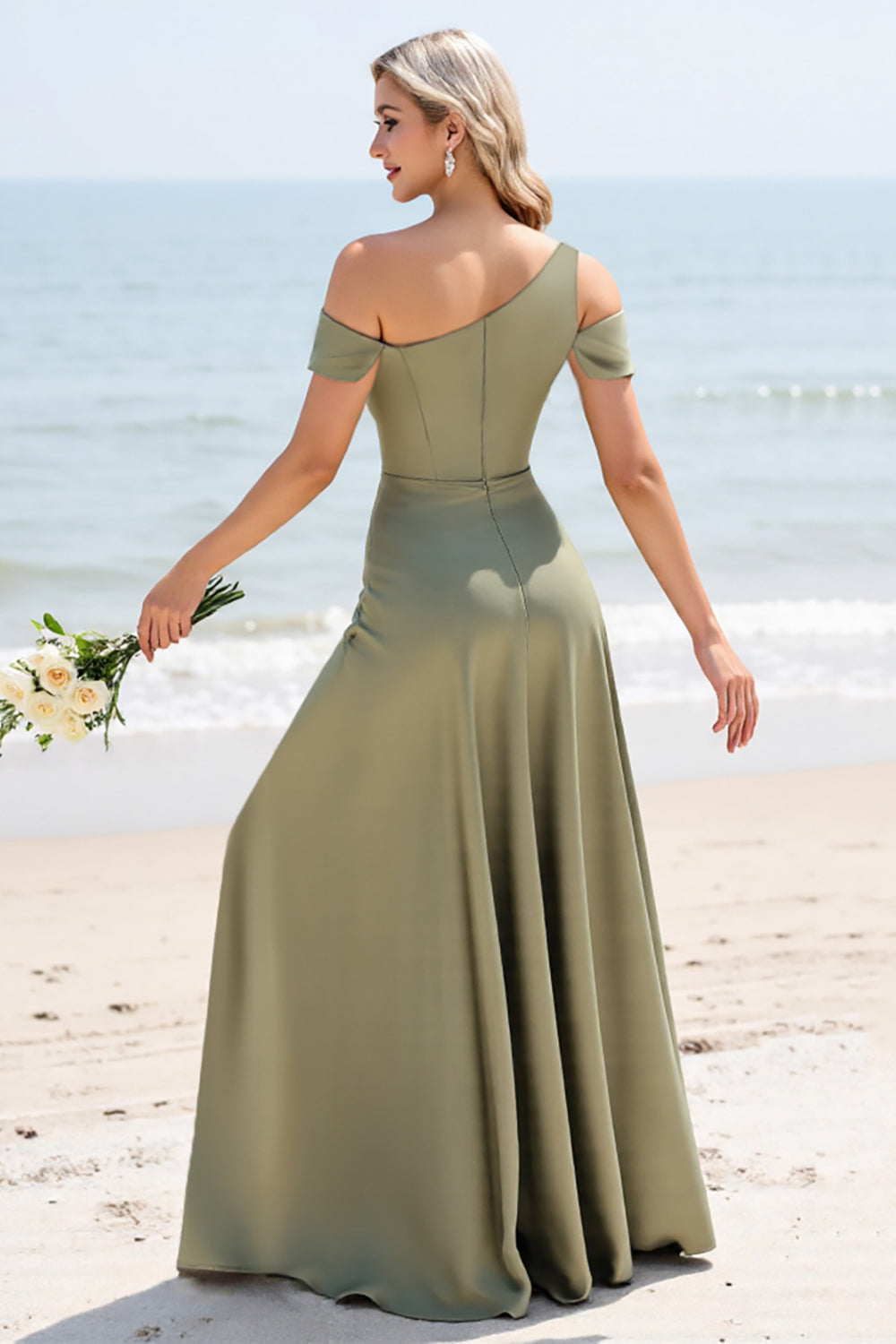 Olive A Line Cold Shoulder Pleated Long Bridesmaid Dress
