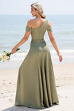 Olive A Line Cold Shoulder Pleated Long Bridesmaid Dress