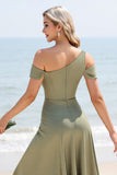 Olive A Line Cold Shoulder Pleated Long Bridesmaid Dress