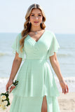 Mint A Line Tiered Short Sleeves Long Bridesmaid Dress