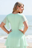Mint A Line Tiered Short Sleeves Long Bridesmaid Dress