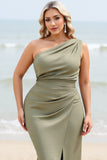 Olive Mermaid One Shoulder Long Bridesmaid Dress with Slit