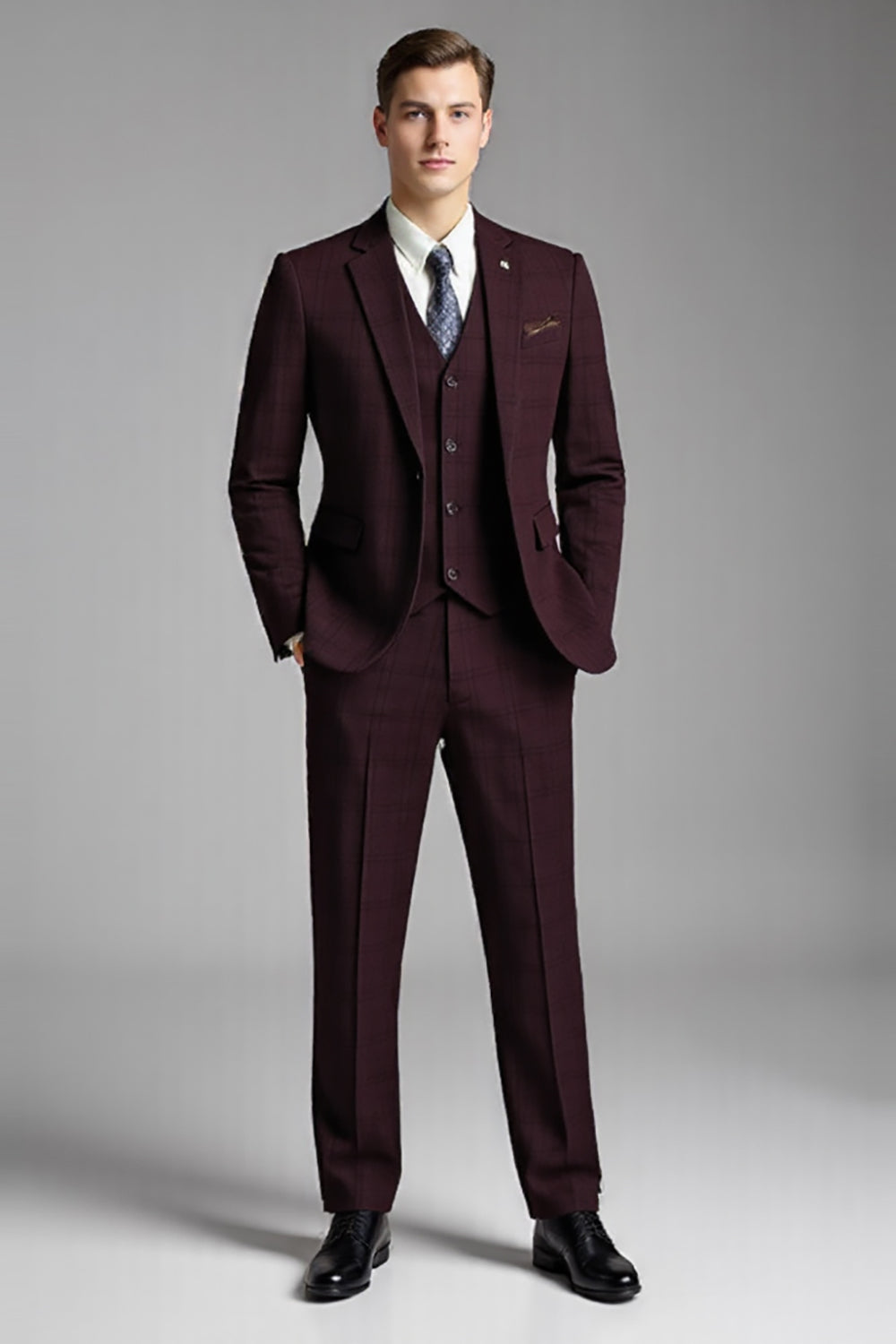 Burgundy 3 Piece Plaid Notched Lapel Slim Fit Men's Suits