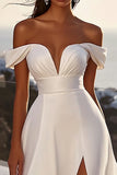 lvory A Line Off The Shoulder Long Wedding Dress With Slit