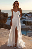 A Line lvory Strapless Pleated Wedding Dress With Slit