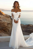 lvory Mermaid Off The Shoulder Lace Long Wedding Dress