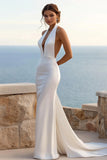 Mermaid Halter lvory Satin Long Wedding Dress