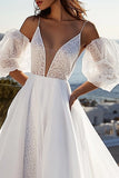 Ivory A Line Lace Wedding Dress With Puff Sleeves