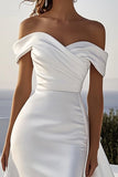 Satin Off The Shoulder Ivory Wedding Dress With Sash